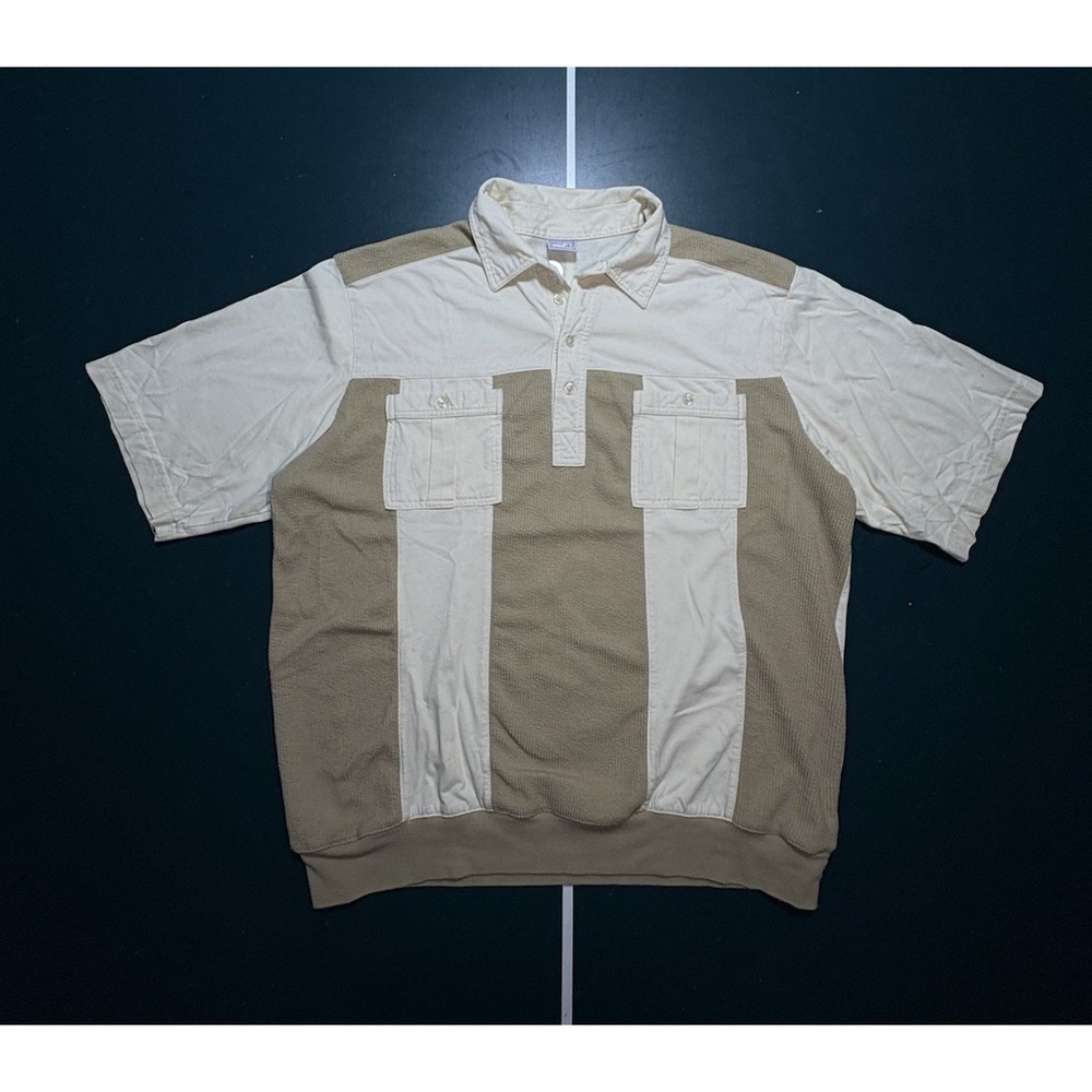 Vintage Haband Casual Joe Short Sleeve Collared Shirt Men's XL White Brown Retro